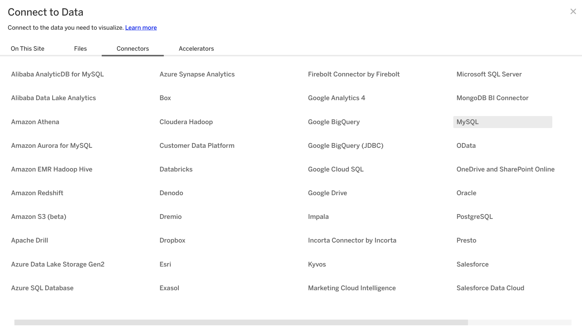 MySQL 옵션이 강조 표시된 Tableau Online 커넥터 선택 화면